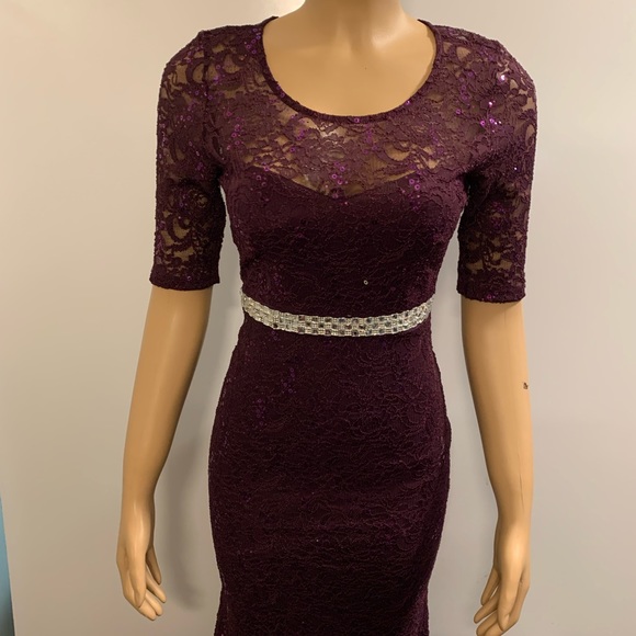 Women junior prom purple lace sequins bodycon mermaid maxi dress size (S) - Picture 5 of 14